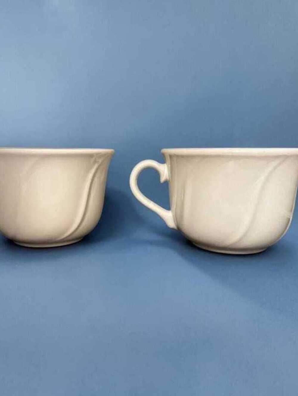 Vintage Pfaltzgraff Cream Stoneware Teacups Set of 2 Embossed Swirl Coffee Cups